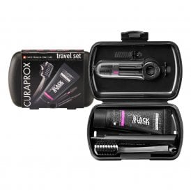 Curaprox Be You Black Is White Travel KitCarbon Interdental Brush, 10ml Black Is White Toothpaste, Black Is White Travel Pouch