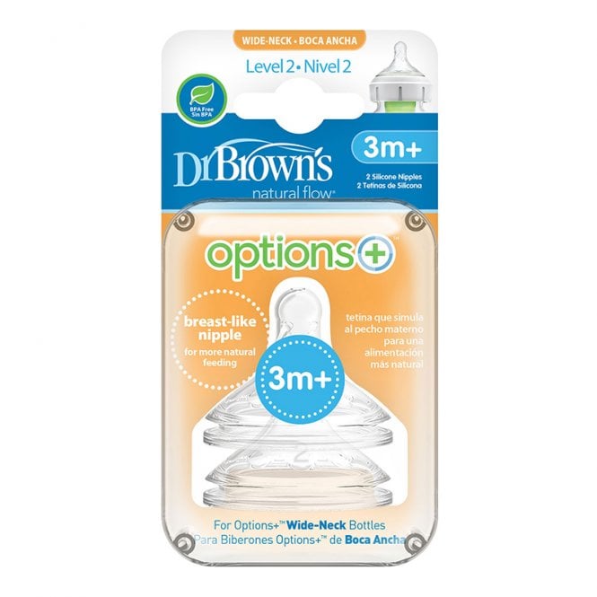 Dr Brown's Options+ Level 2 Wide Neck Twin Pack Teats 3 Months +