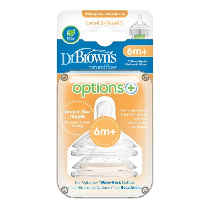 Dr Brown's Options+ Level 3 Wide Neck Twin Pack Teats 6 Months +