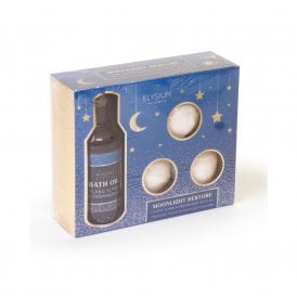Elysium Spa Moonlight Restore 4pc Gift Set100ml Ylang Ylang & Cedarwood Bath Oil, 3 x 50g Midnight Fig & Coconut Bath Bombs