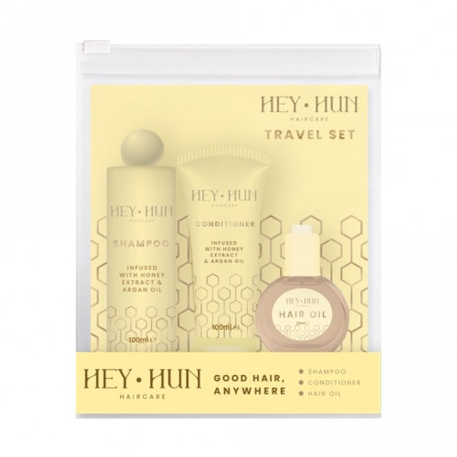 Hey Hun Good Hair Anywhere Discovery Travel Set100ml Shampoo, 100ml Conditioner, 30ml Hair Oil, Clear Travel Bag