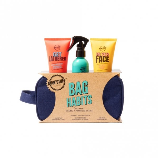 Man'Stuff Bag Habits Gift SetWash Bag, 100ml Face Wash, 100ml Body Spray, 100ml Hair & Body Wash