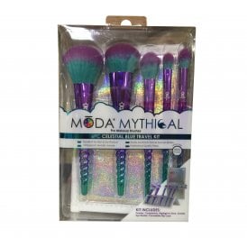Moda Mythical 6pc Celestial Blue Travel KitPowder Brush, Complexion Brush, Highlighter Brush, Crease Brush, Eye Shader Brush, Flip Case