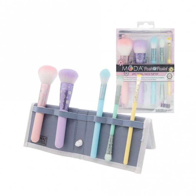 Moda Posh Pastel 6pc Total Face Flip KitPowder Brush, Complexion Brush, Highlighter Brush, Crease/Smudger Brush, Flat Lip Brush, Flip Case