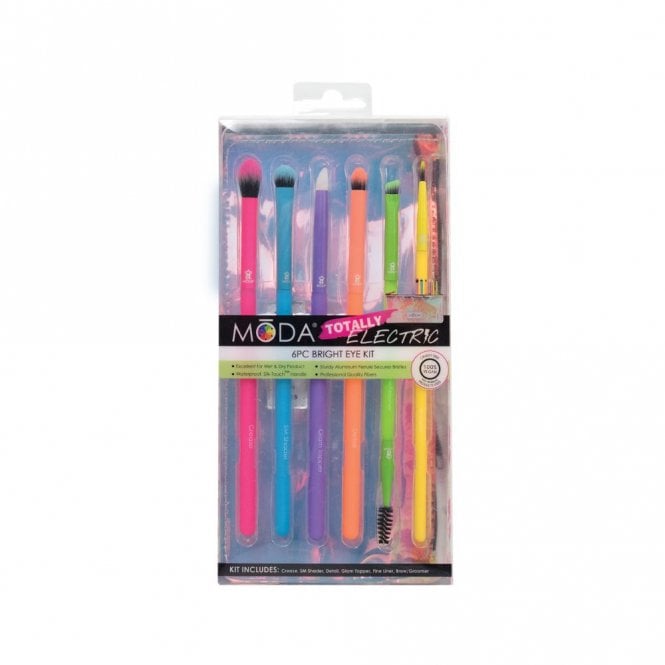 Moda Totally Electric 7pc Eye Set Crease Brush, Shader Brush, Detailing Brush, Topper Brush, Fine Liner Brush, Brow Brush, Zip Pouch