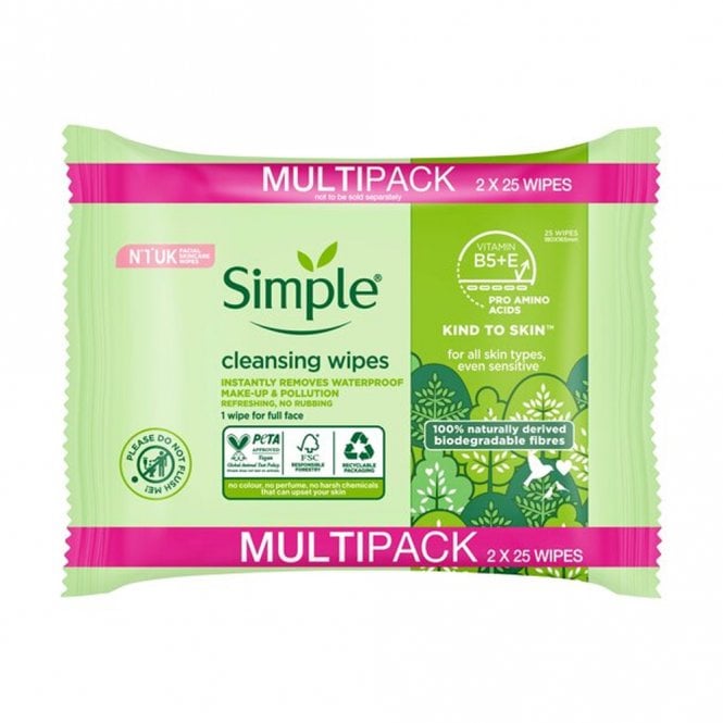 Simple Kind To Skin Biodegradable Cleansing Wipes 25's Double Pack