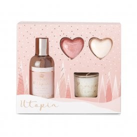 Utopia Relax And Bathe100ml Body Wash, 2 x 20g Heart Bath Fizzer, 30g Candle