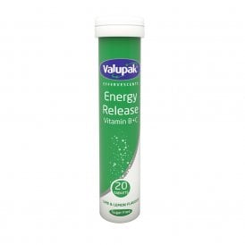 Valupak Effervescent Lemon & Lime Flavour Energy Release Vitamin B & C Tablets 20's